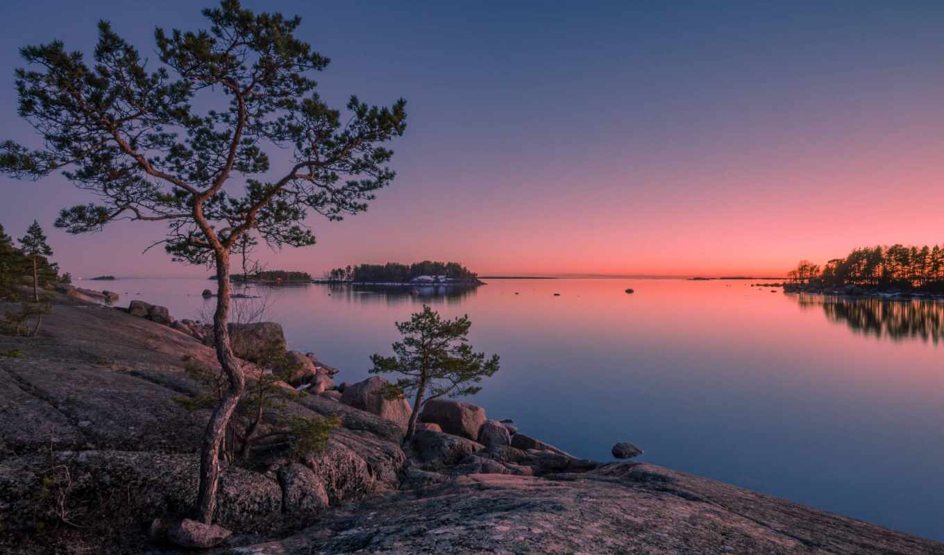 озеро, дерево, закат, финляндия