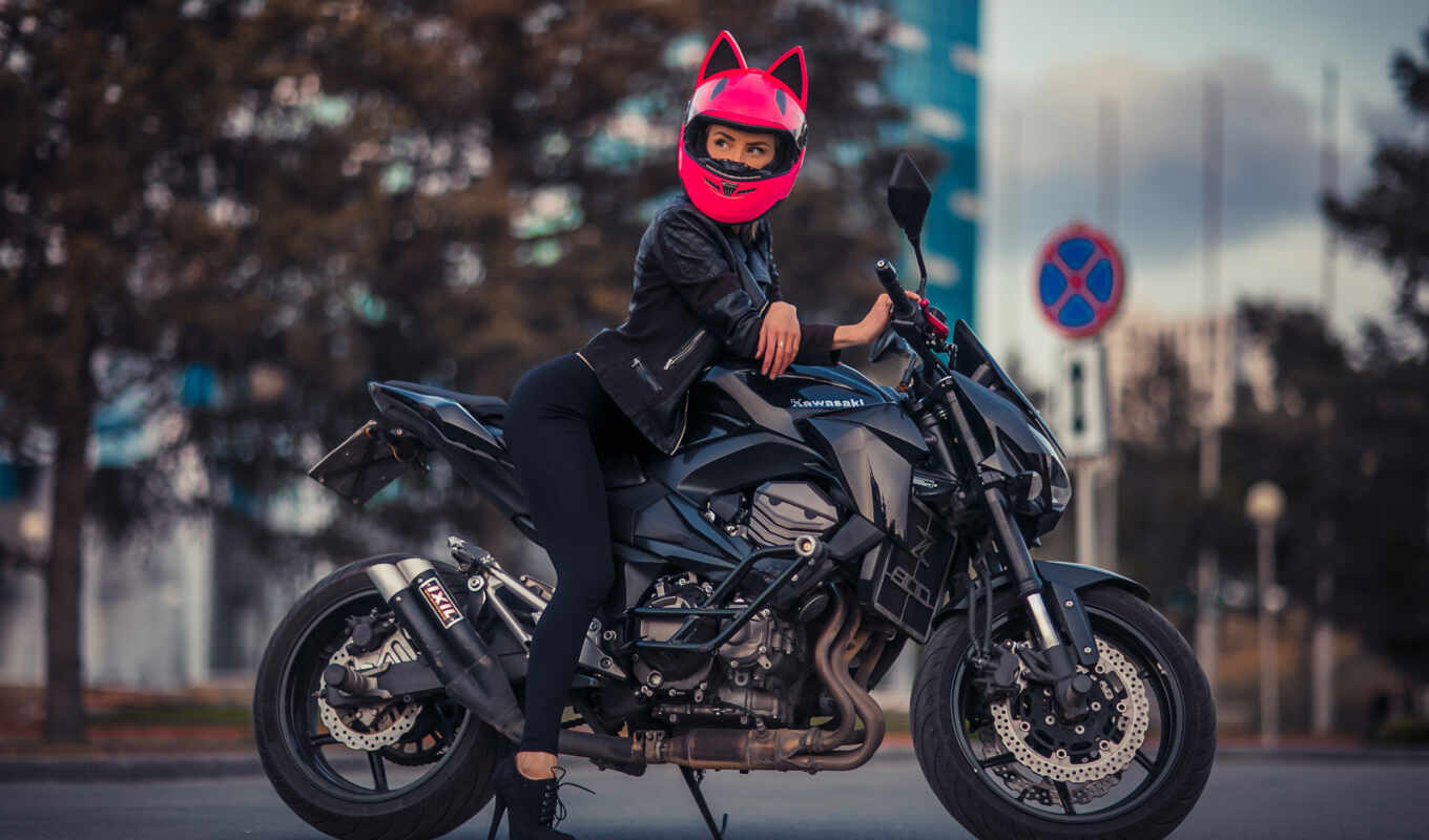 девушка, мотоцикл, город, розовый, дорогой, шлем, sit, трек, server
