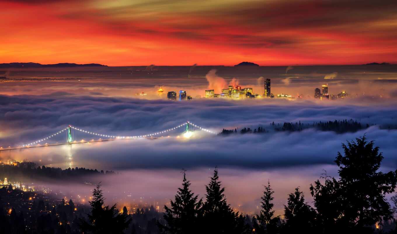 city, Bridge, Canada, morning, fog, Vancouver