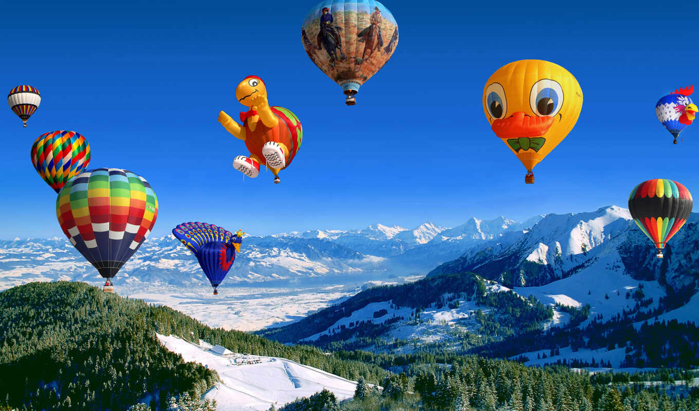 sky, picture, flight, air, balls, mountains