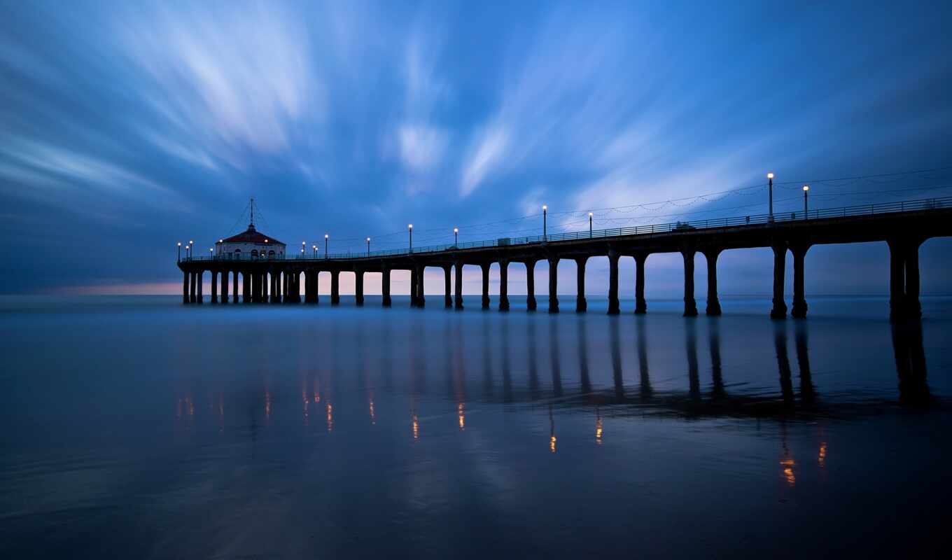 evening, lights, sea, pier
