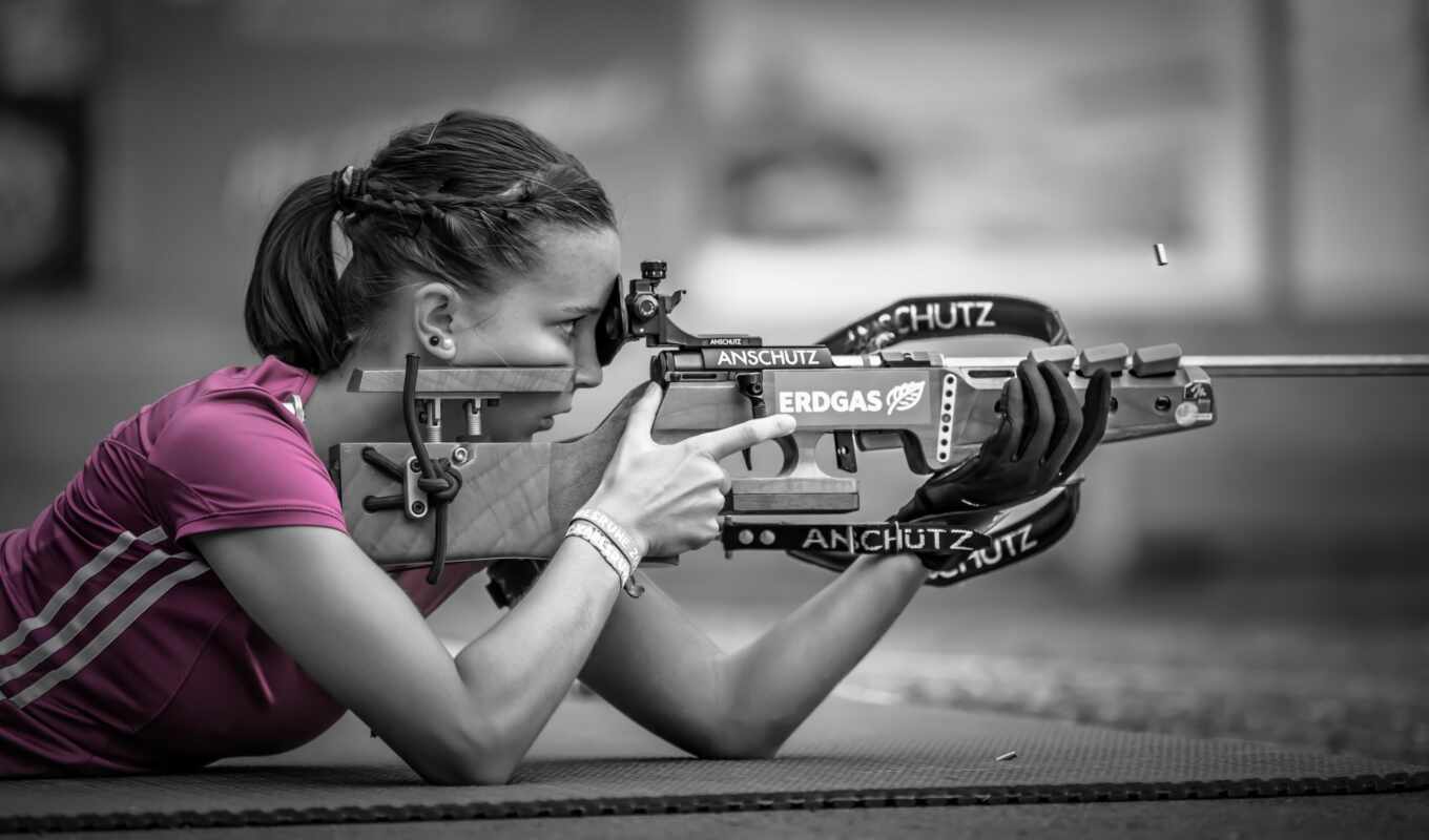 girl, rifle, sniper, weapon, sport, pink, bokeh, shooting, sighting, leaves
