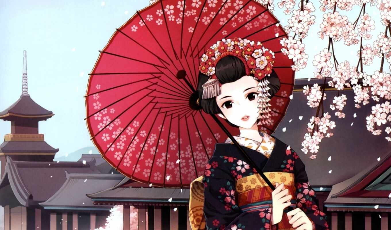 art, девушка, Сакура, гейша, зонтик, кимоно, nardack