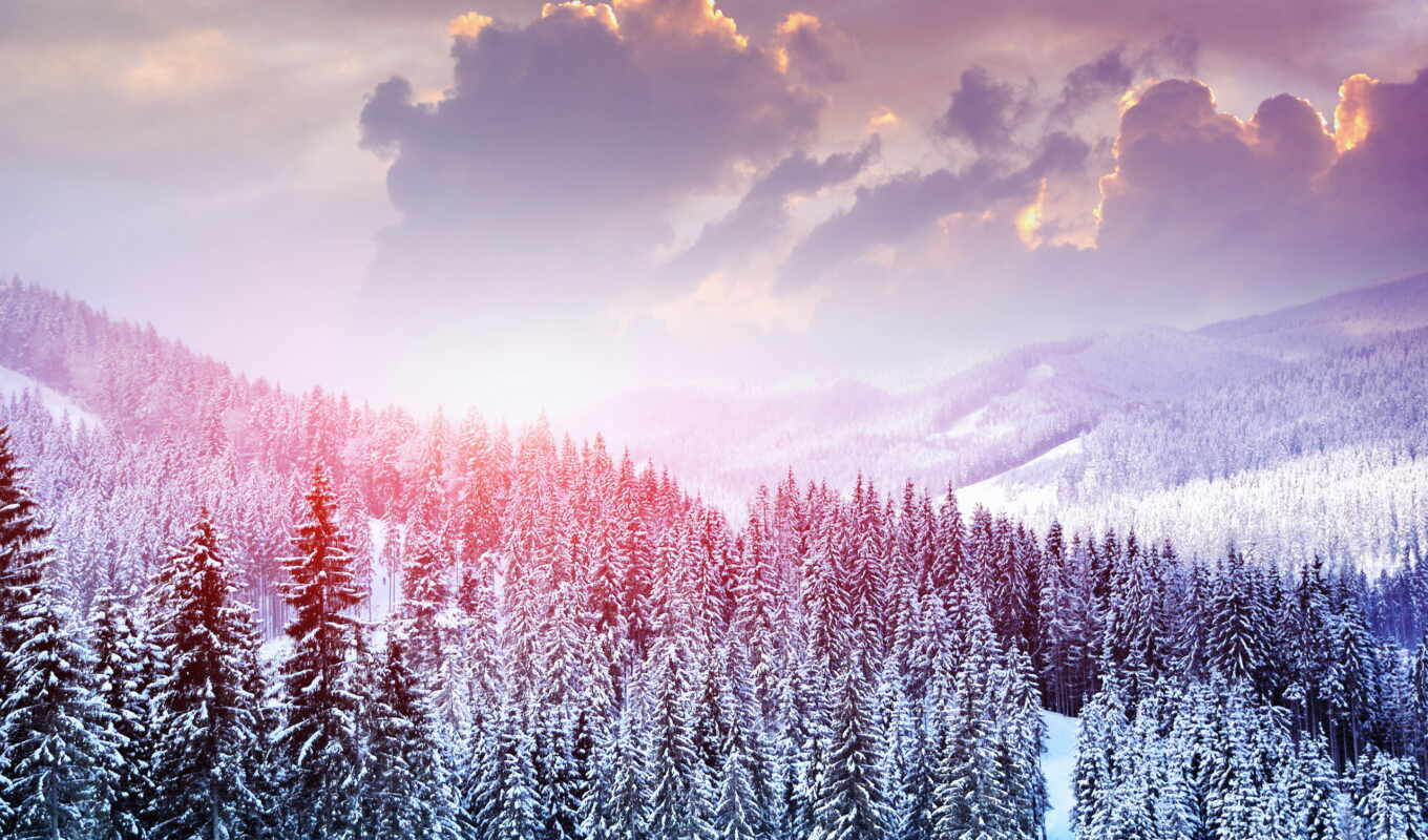 небо, снег, winter, лес, landscape, trees, горы