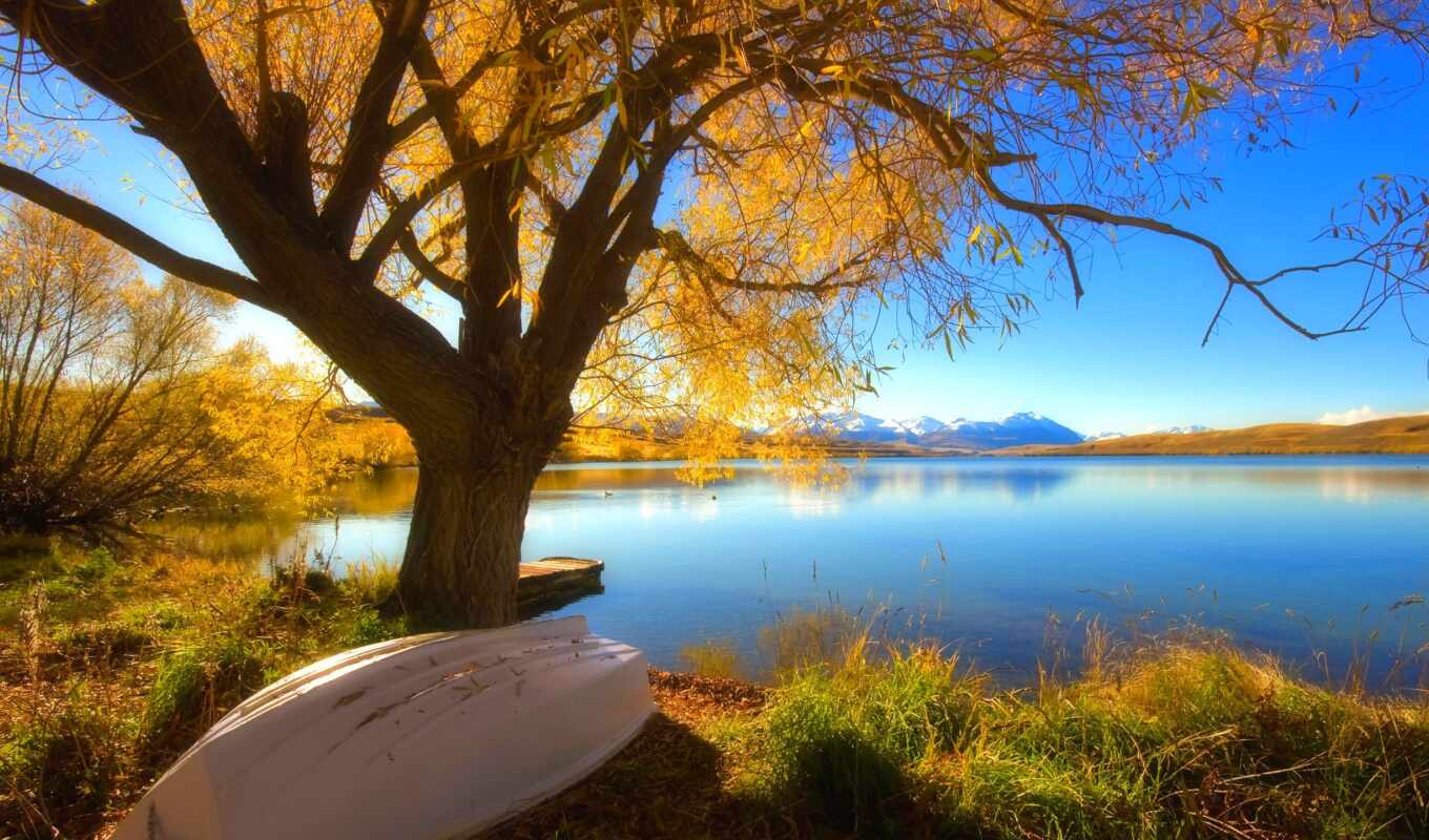 озеро, осень, красивый, лодка, korablus