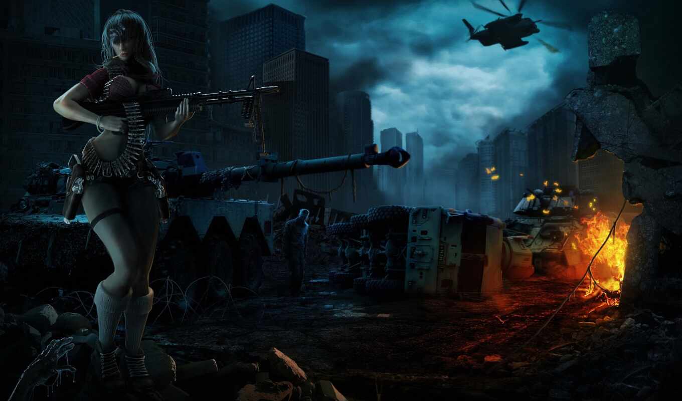 art, girl, city, night, weapon, helicopter, zombie