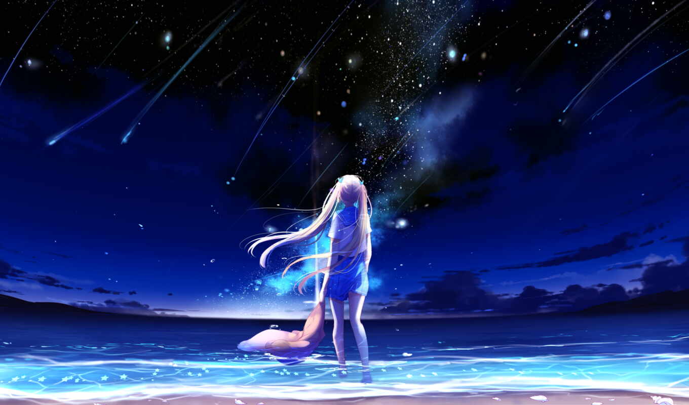 girl, night, water, beach, see, anim, mouth, star, stand, keep, arm