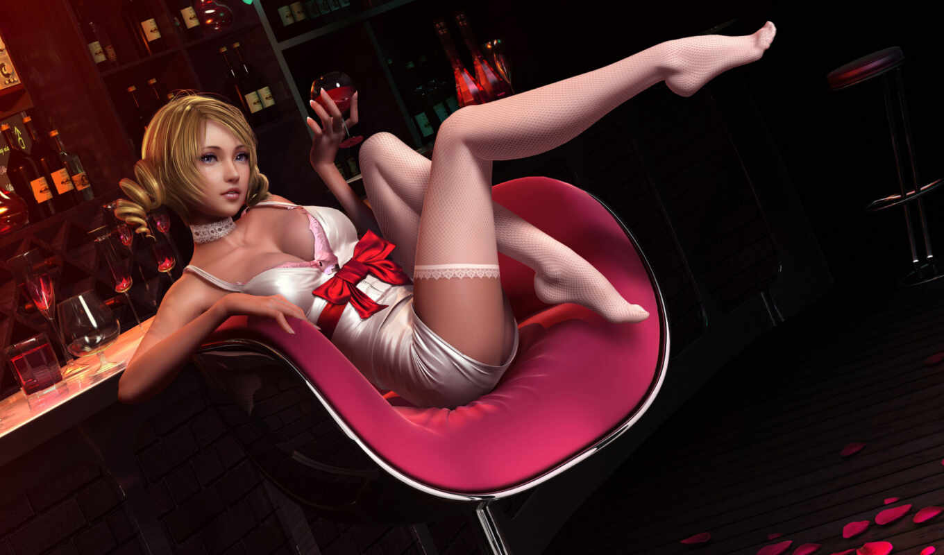 girl, stockings, bar, chair