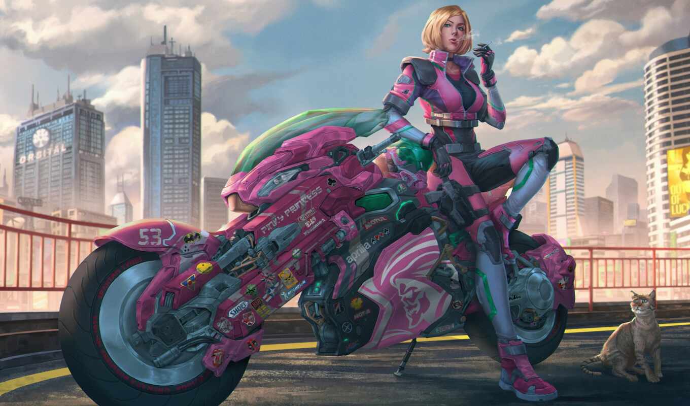 girl, bike, cyberpunk