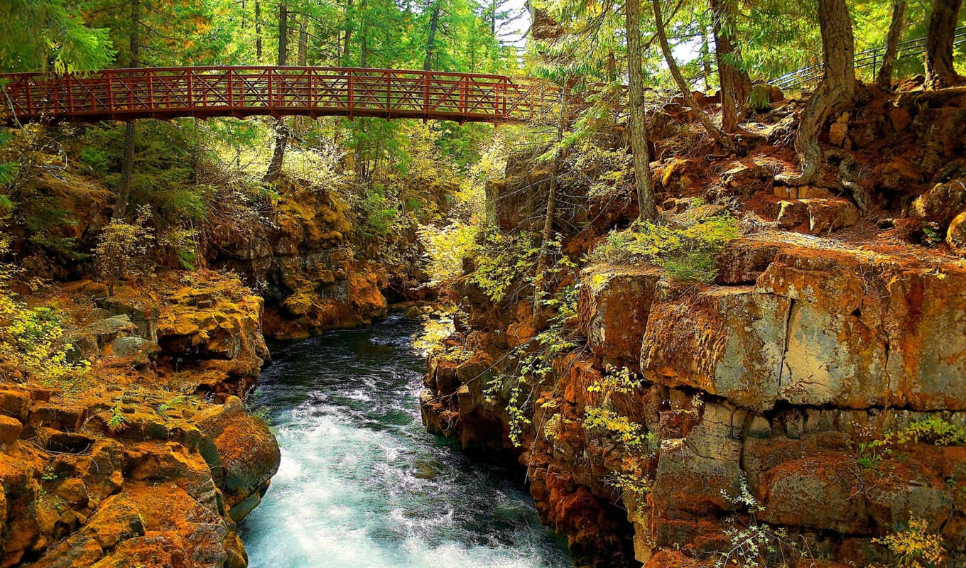 природа, пейзажи -, мост, landscape, сквозь, река, trees, favourite, камни, скалы