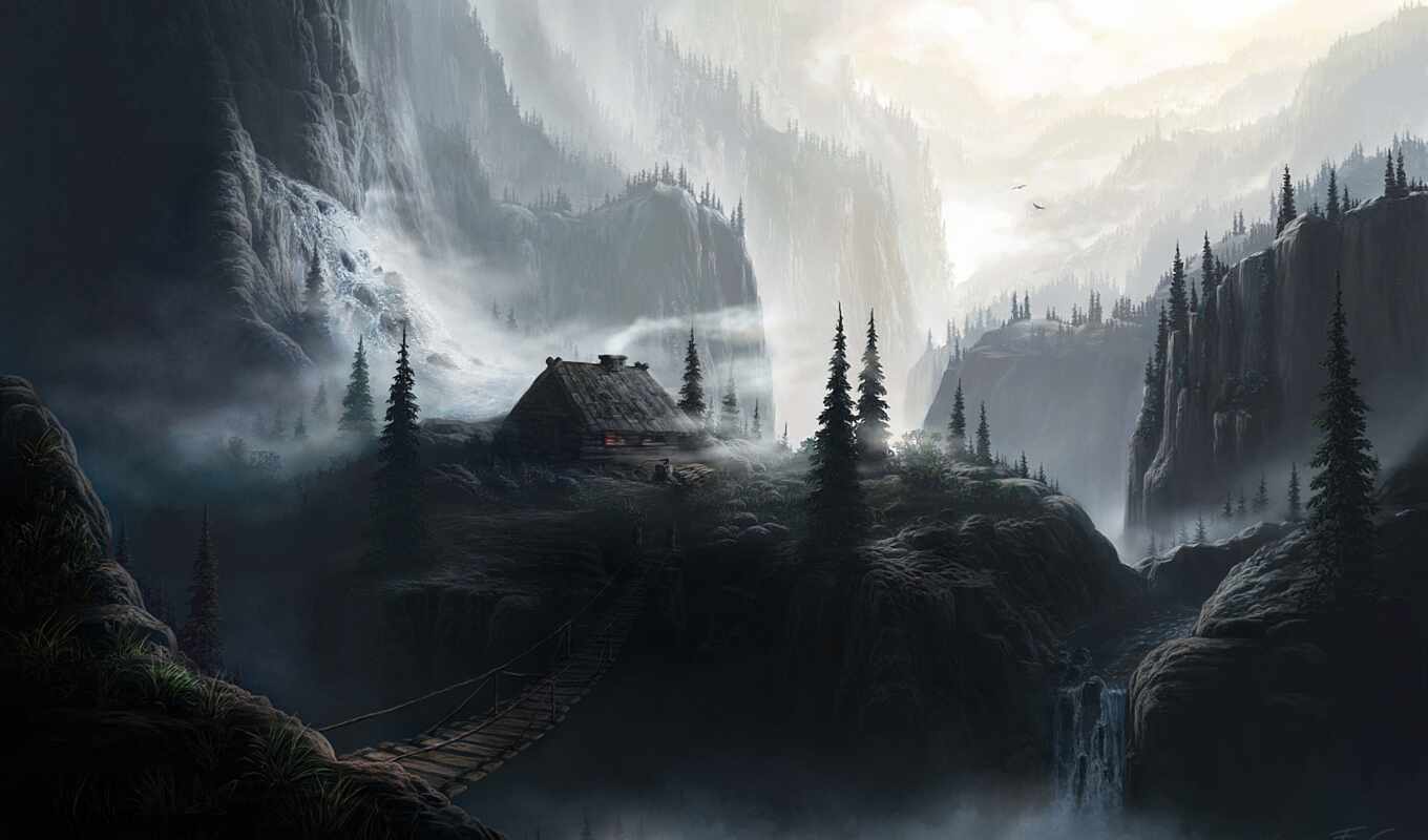 house, winter, forest, Bridge, lodge, forest, mountains, freeze