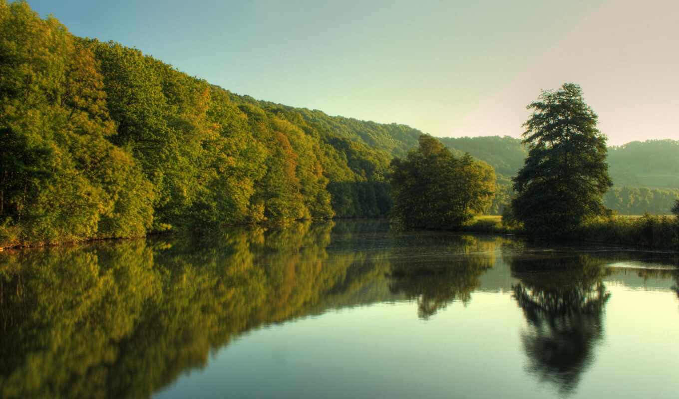 природа, река, trees, отражение, разрешения, высокого, природы, осень, небо, фотообои, 
