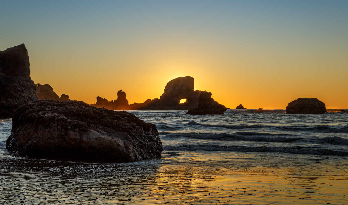 sunset, beach, rock, oregon