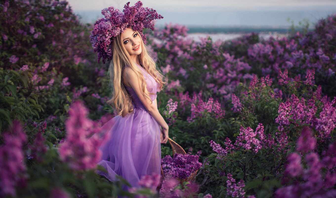 girl, PHOTOSESSION, яndex, card, lilac, lilacs, a wreath, collections, locoons, collections