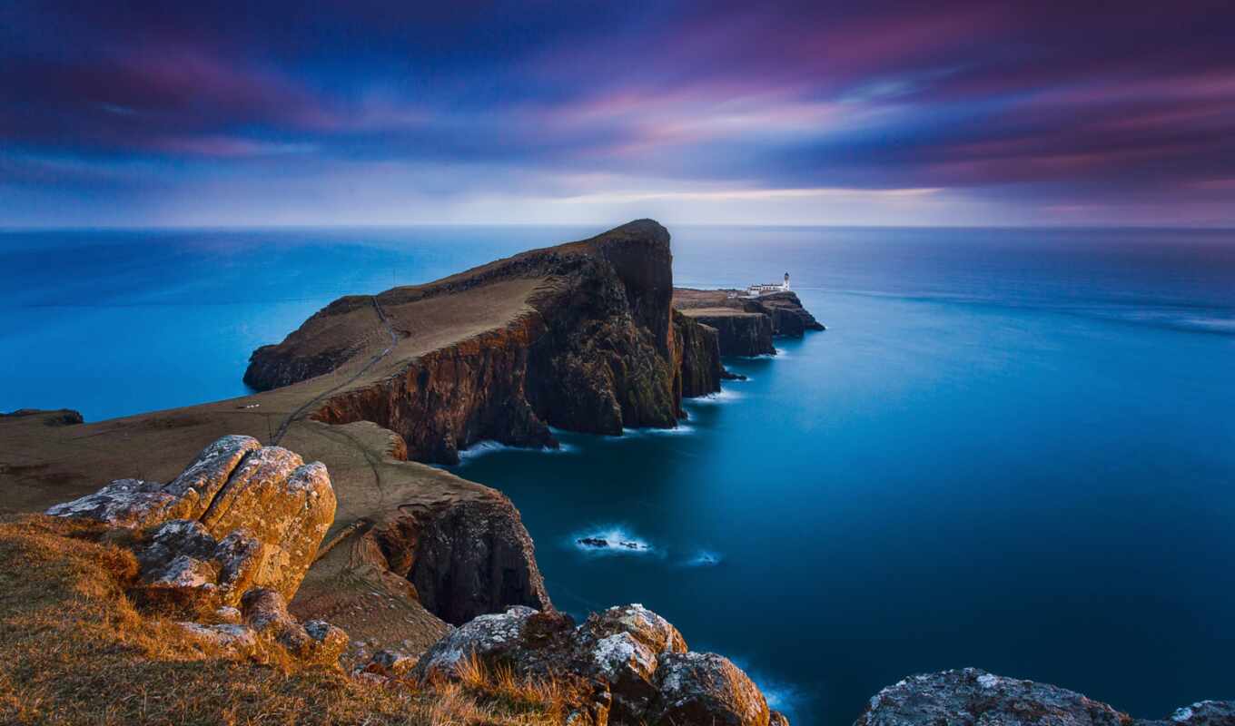 nature, rock, landscape, sea, lighthouse, Scotland, scotia, point, isle, skye, neist