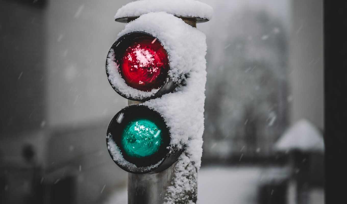 light, red, snow, sign, traffic, signal, lights