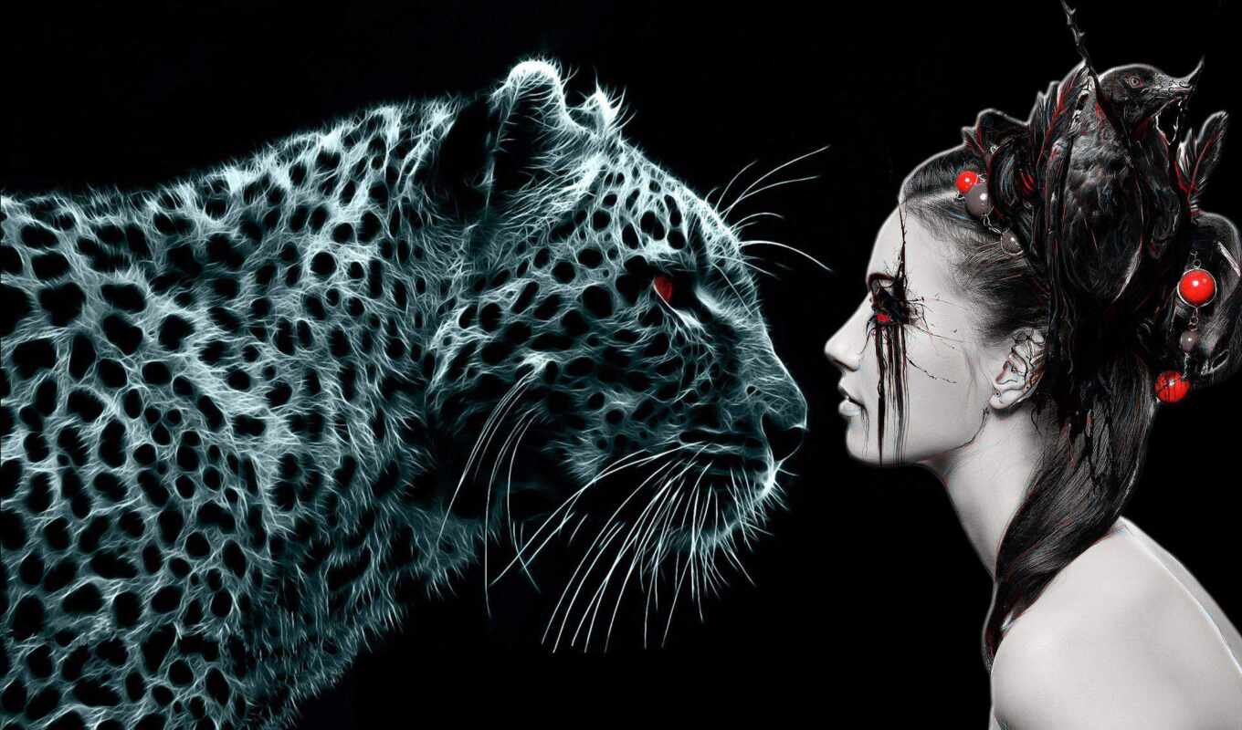 art, girl, graphics, cat, brunette, tiger, animal, alive