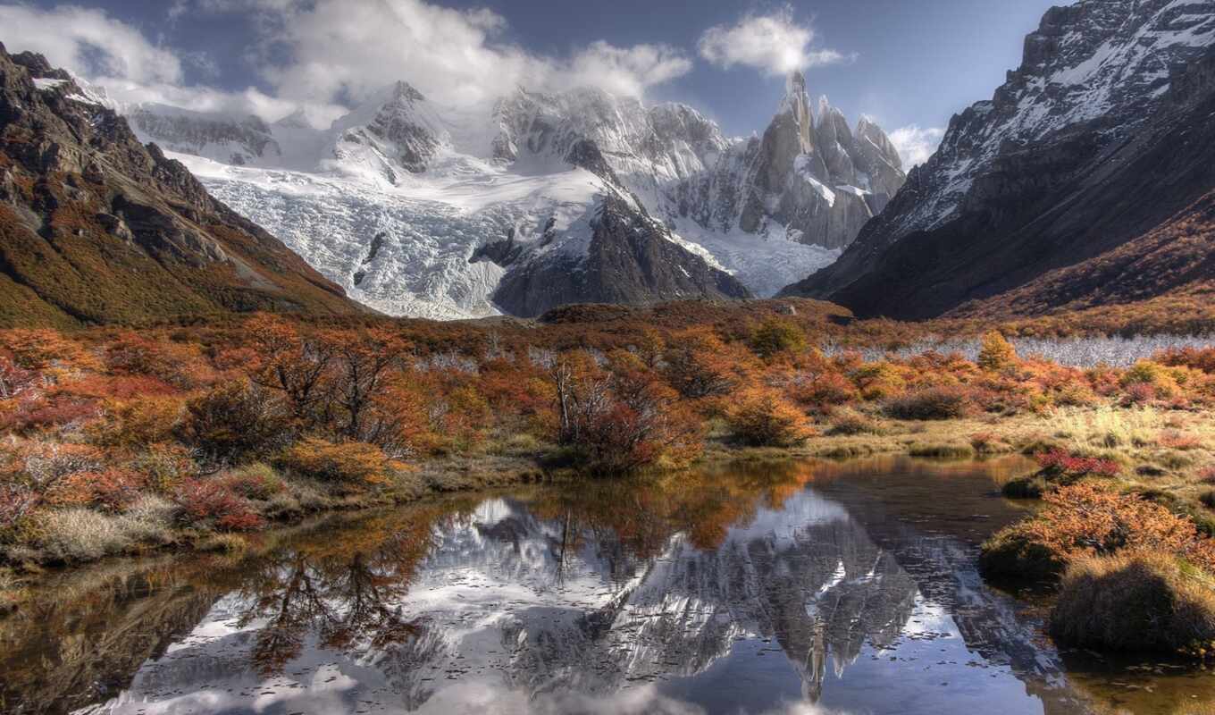 озеро, трава, снег, гора, аргентина, cover, пасть, color, patagonia, torre, мелкий