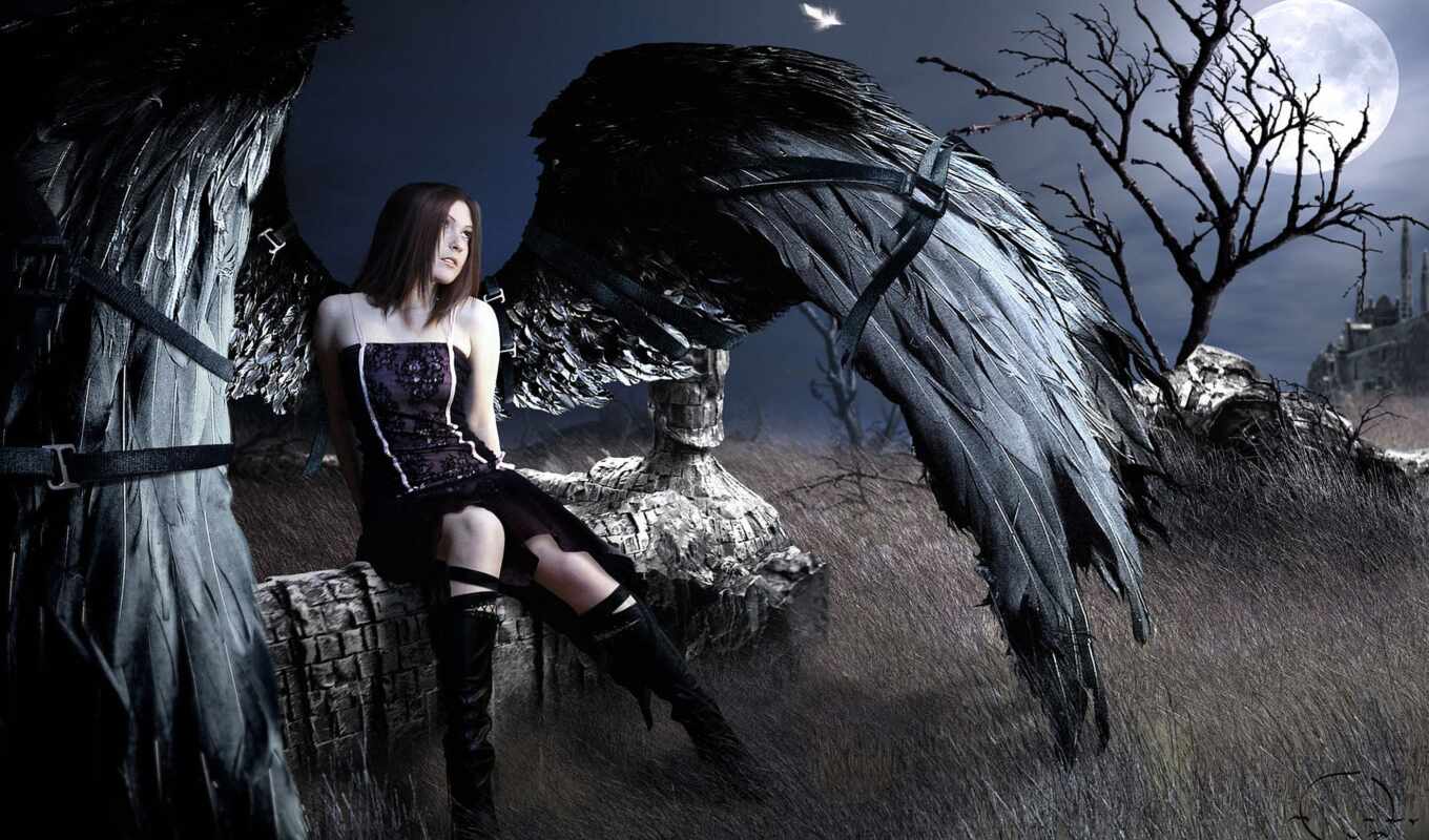 black, девушка, луна, воин, gothic, ангела, fear, крыло, canvas, мистика, fentezti