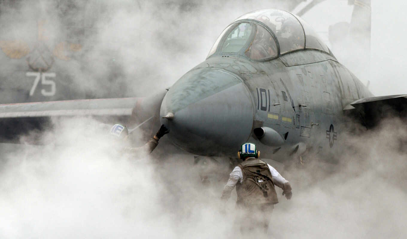 picture, smoke, plane, tomcat, the fighter, aircraft carrier, takeoff