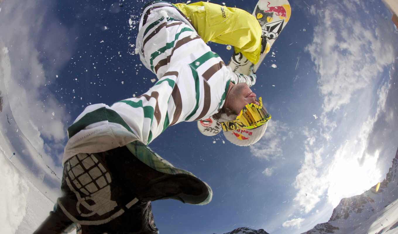 mountains, nature, the clouds, sky, picture, picture, board, snow, sport, glasses, jump, winter, snowboard, snowboarding, choose, with the button, mice, lens, gari, fisheye