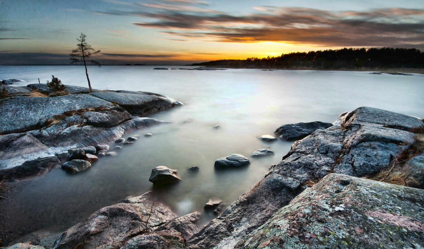 lake, android, free, picture, night, sunrise, misty, rocks