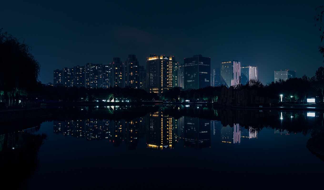 город, ночь, water, building, во, река, отражение, панорама