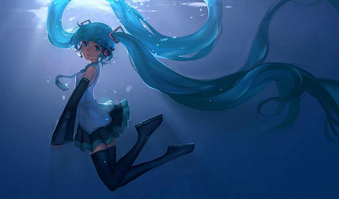 девушка, anime, hatsune, underwater, animate
