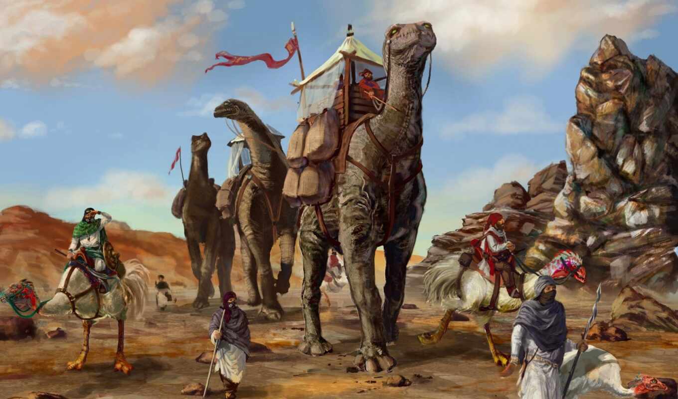view, caravan, desert, dinosaurs, camels, bedouin
