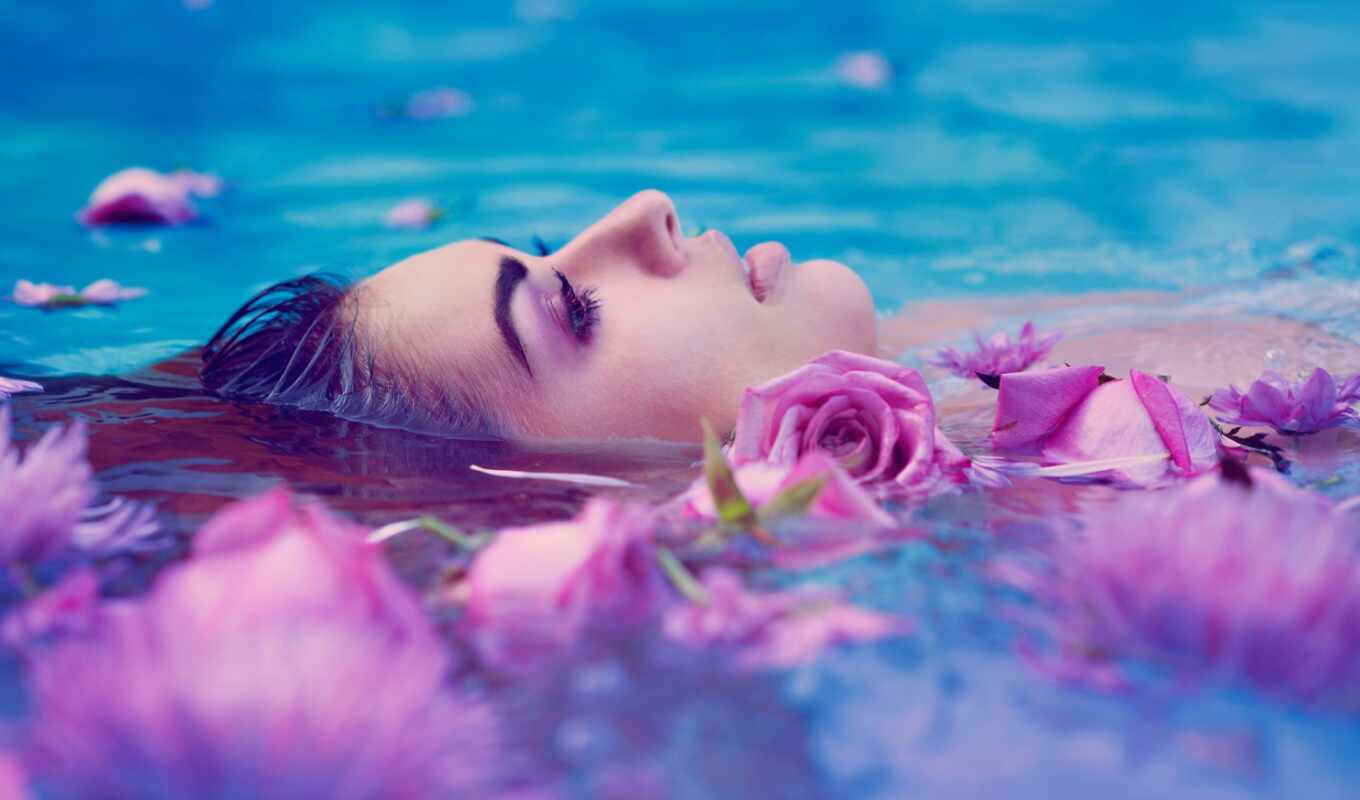 girl, water, lies, spa, among, water, different, cvety, devushki, roses