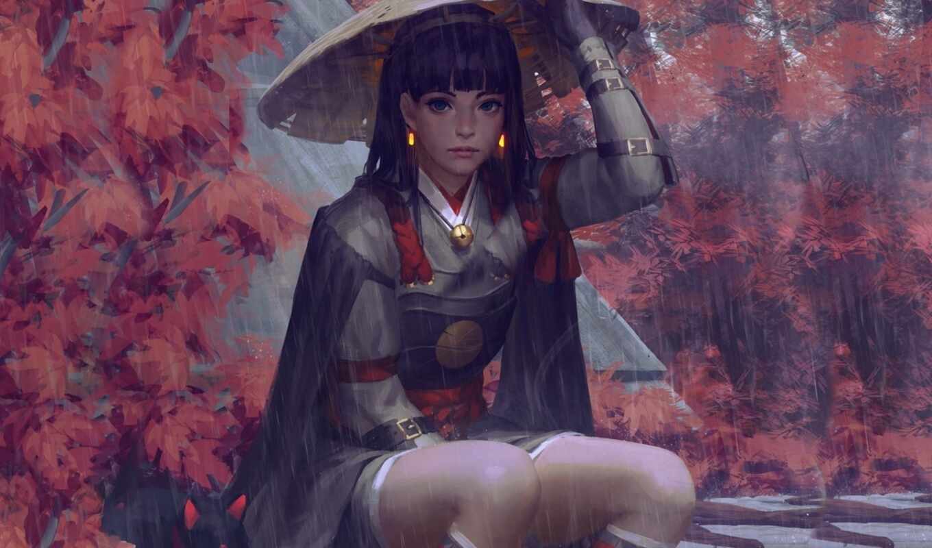 шляпа, art, девушка, женщина, дождь, воин, самурай, fantastic, fantasy, характер, япония