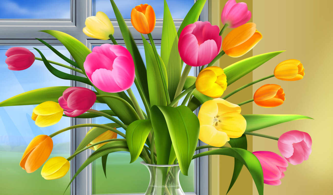 flowers, spring, vase, tulip, shirokoformatnyi