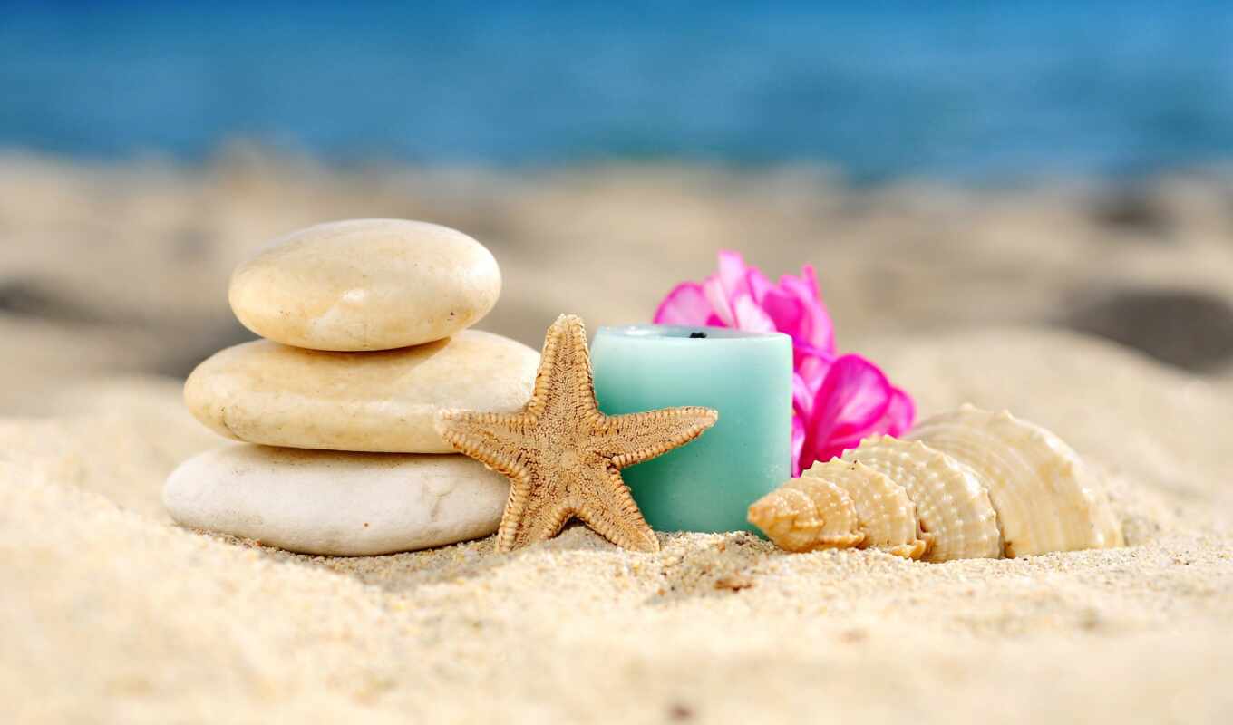 пляж, море, берегу, моря, песок, свеча, starfish, seashell