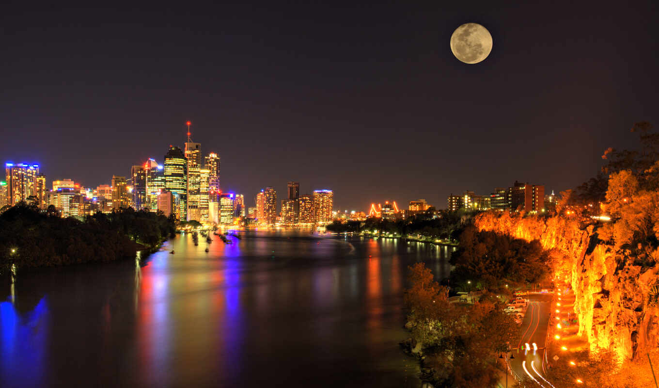 there is, night, beautiful, lights, skyscrapers, everyone, tag, brisbane, which, moon