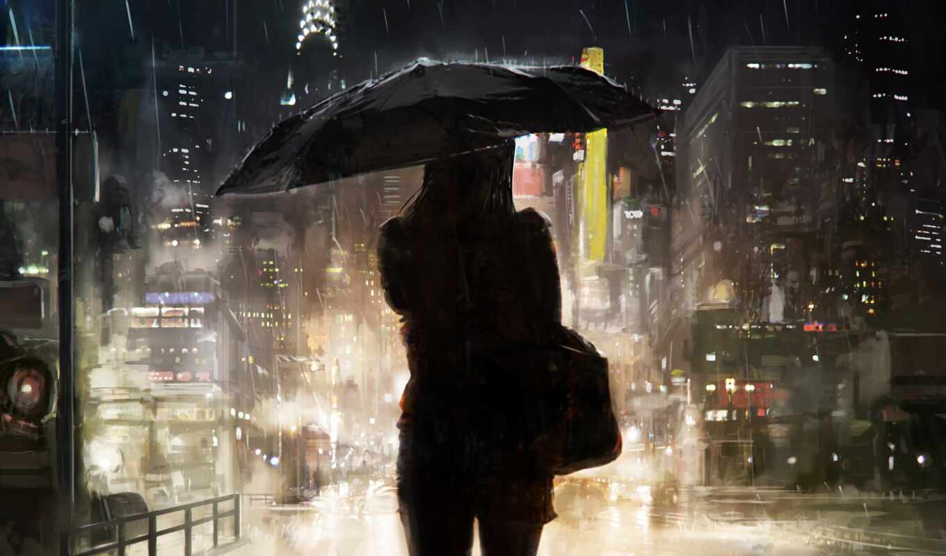 art, girl, rain, city, people, painting, a shadow, umbrella