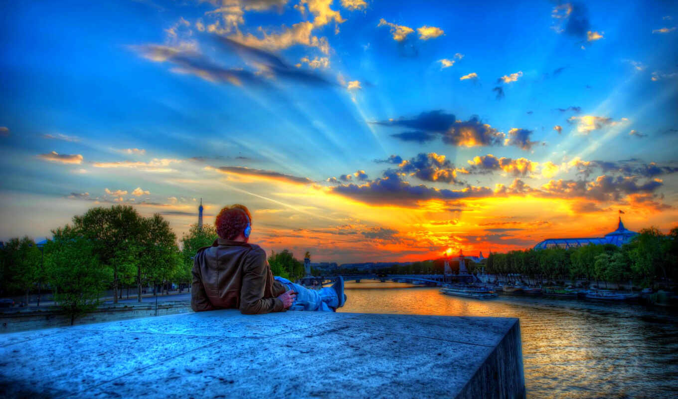 sky, man, sunset, city, Paris, river, hdr, cloud