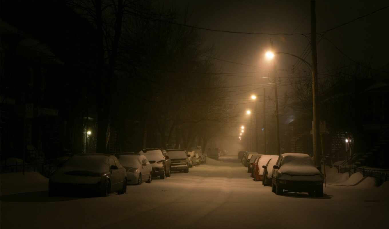 snow, street, winter, lantern, cars
