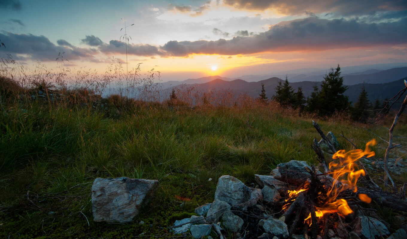 grass, sunset, evening, fire, ukrainian, mountains, carpathians