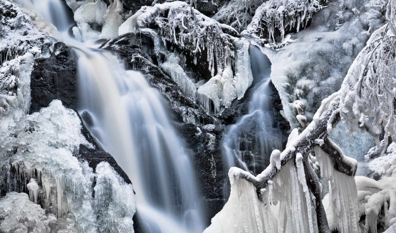 природа, лед, иней, water, снег, winter, водопад, trees, frozen, icicles