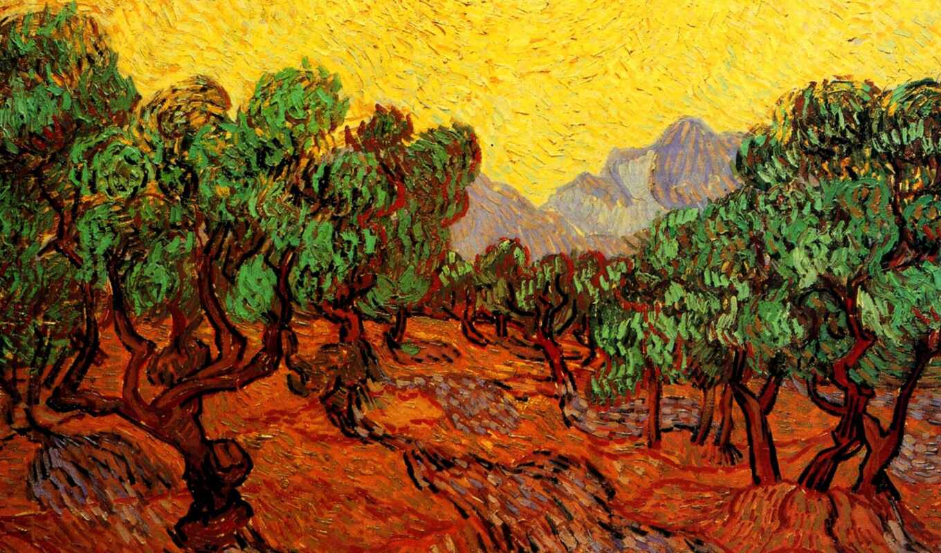 sky, picture, sun, tree, van, yellow, olive, master, canvas, vincent, goga
