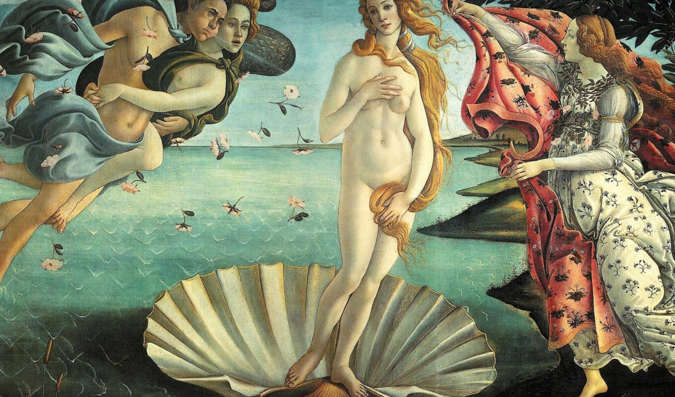 girl, fabrics, hair, ginger, sea, venus, wind, spring, artist, picture, foam, seashell, birth, vendors, work, dripping, botticelli, botticelli, pull