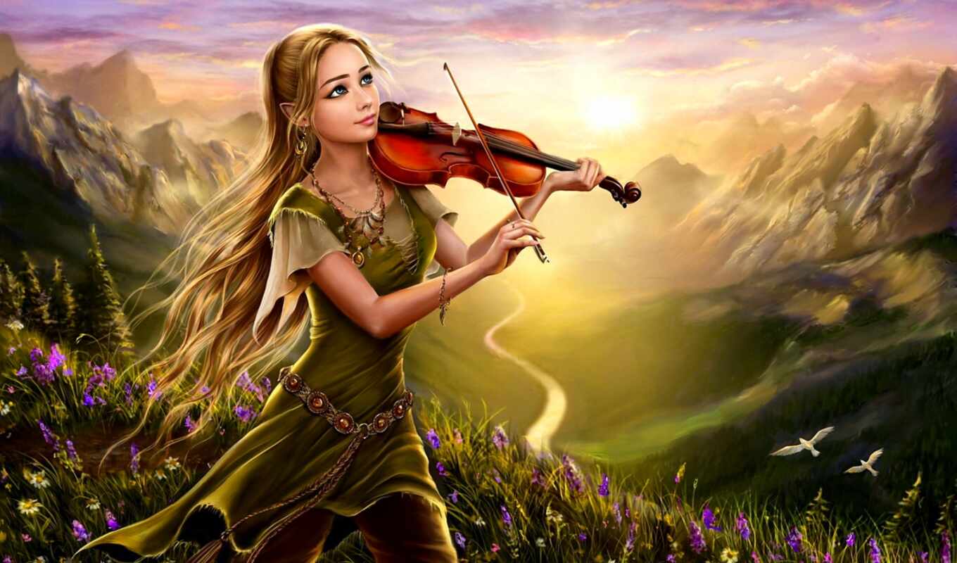 girl, violin, art, fentezti