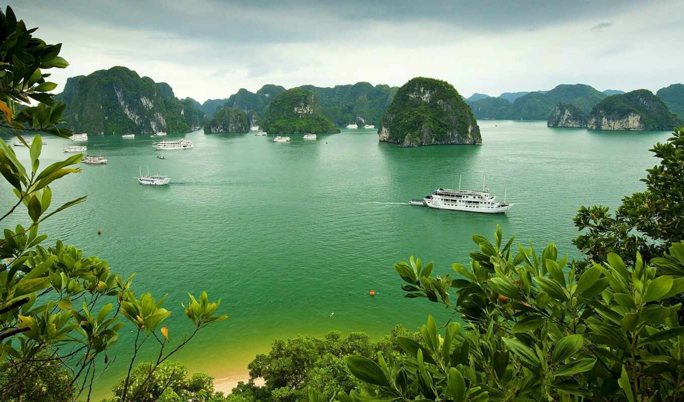 nature, sky, rock, sea, a boat, bay, vegetation, vietnam, 2000