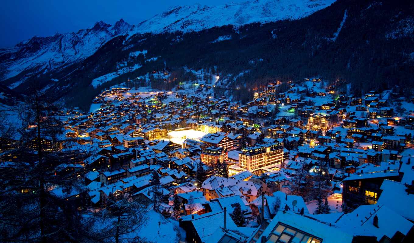city, night, snow, winter, mountain, lights, swiss, Switzerland, the alps, valley, zermatt