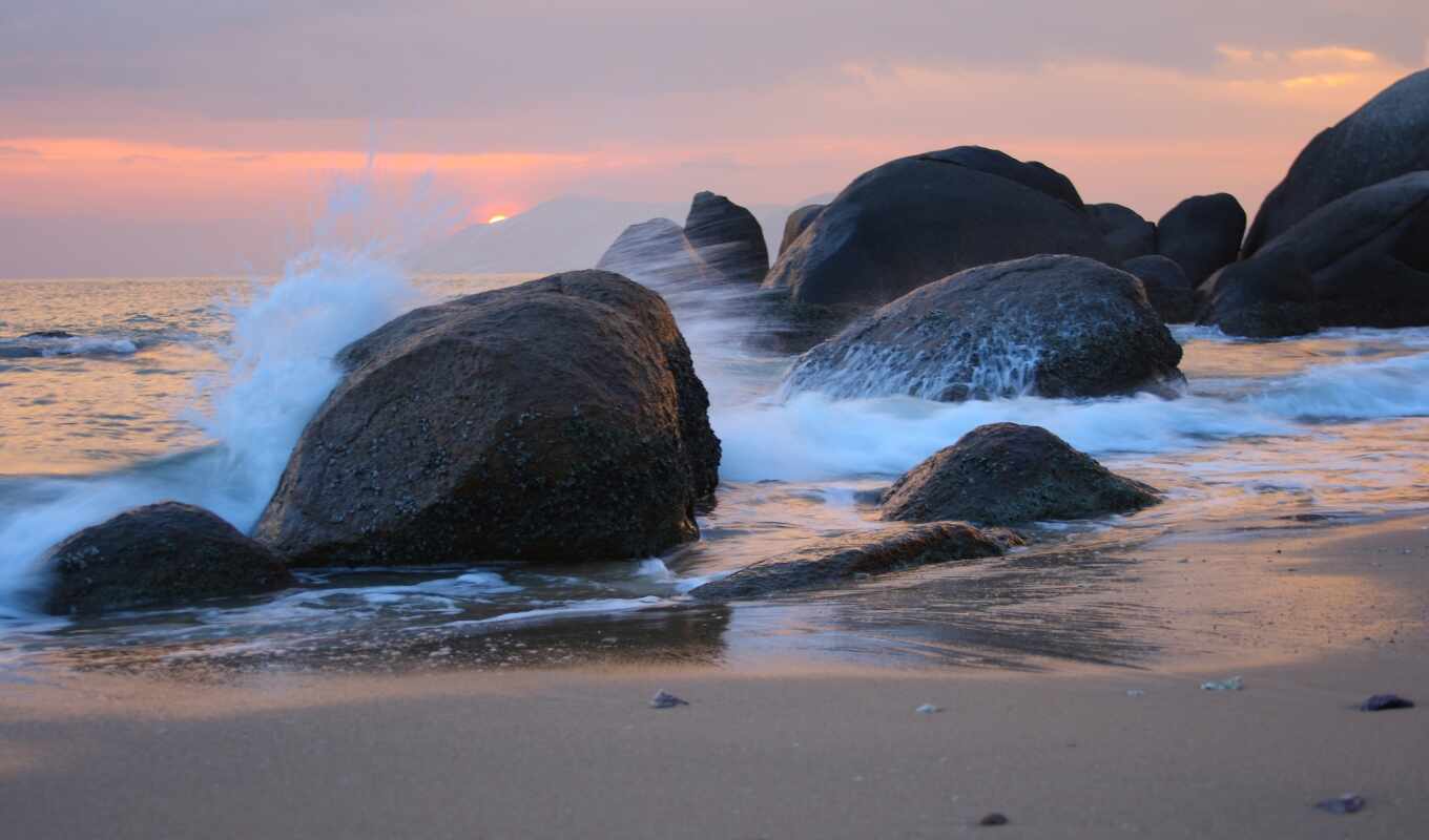 nature, sunset, beach, rock, sea, coast, rest, splashes, wave, walloon, journey