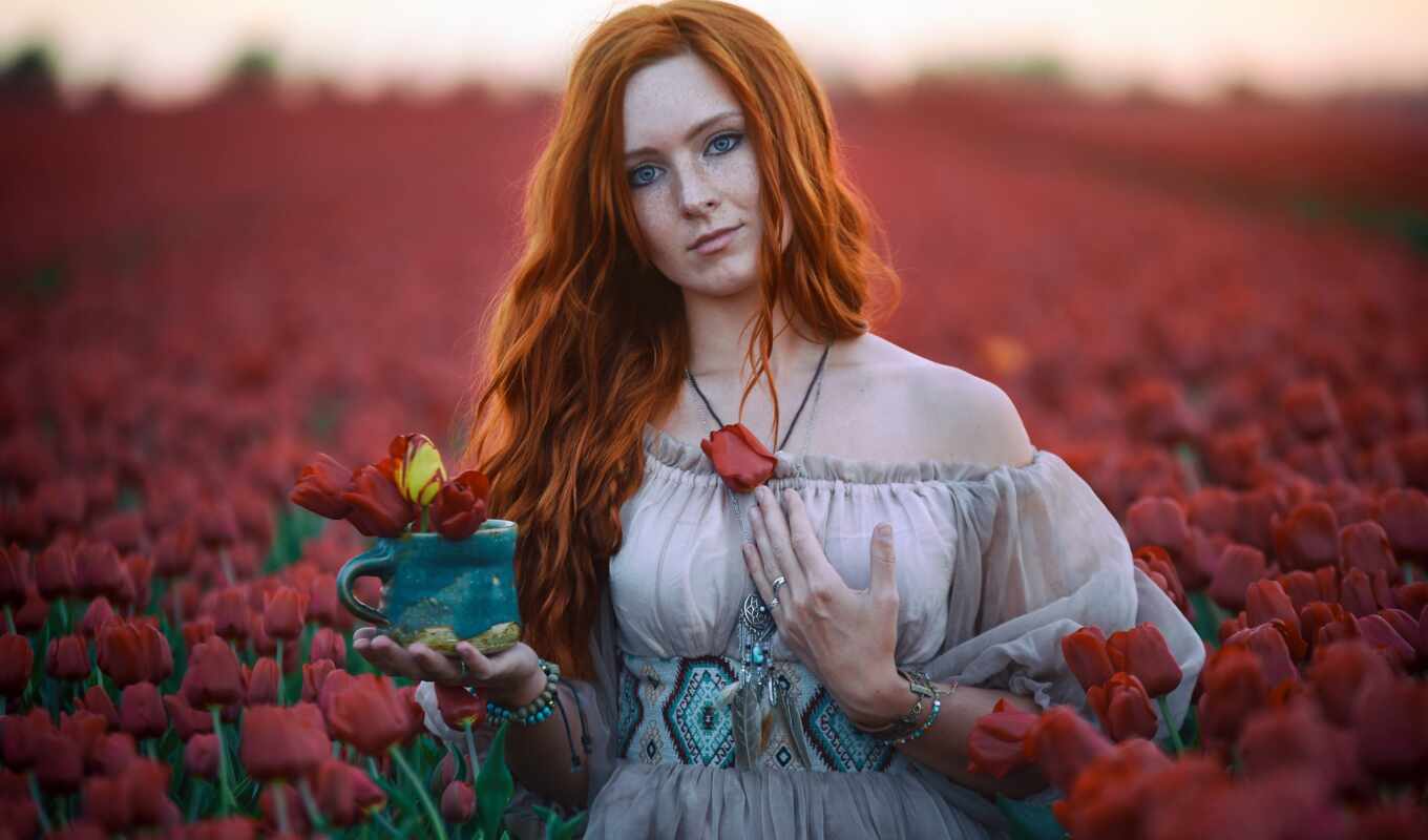 цветы, девушка, red, поле, модель