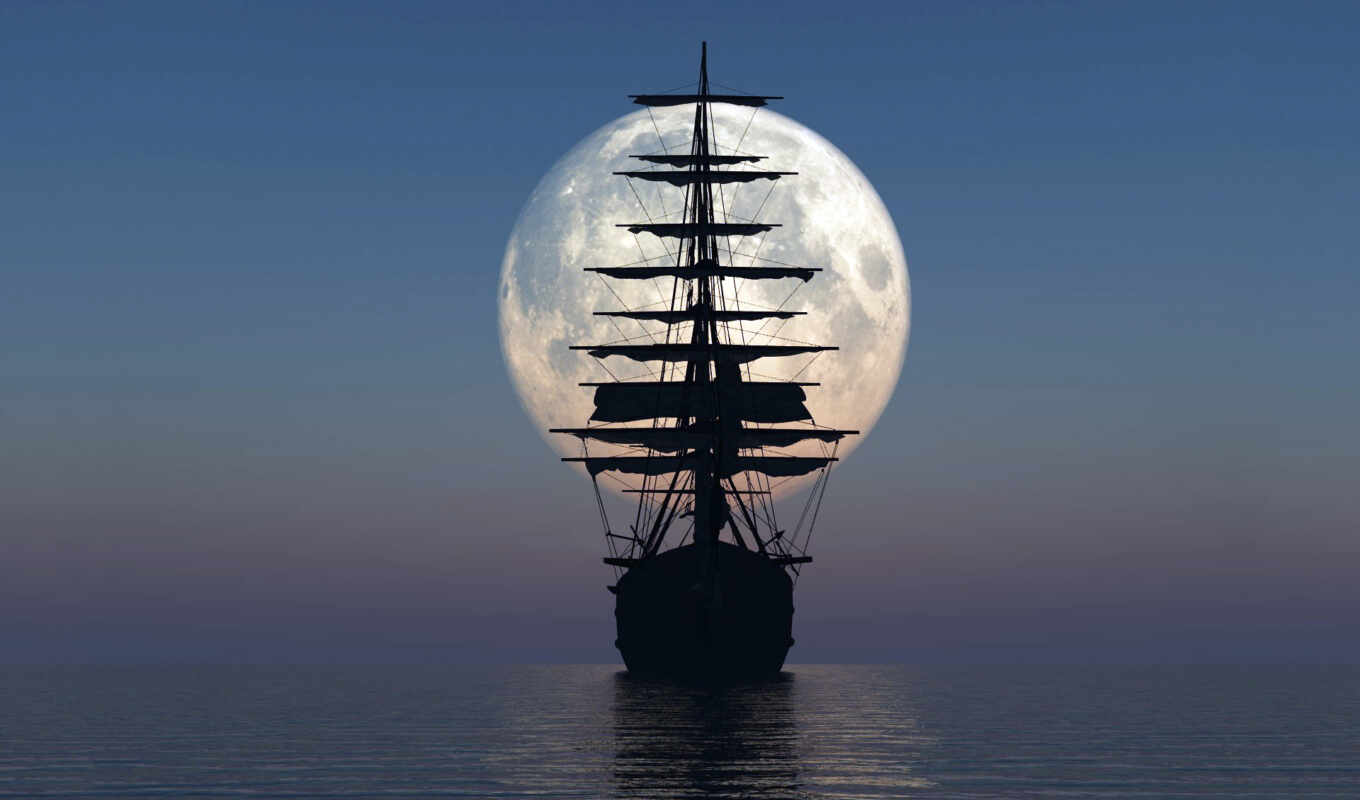 sky, ship, night, moon, sea, sails