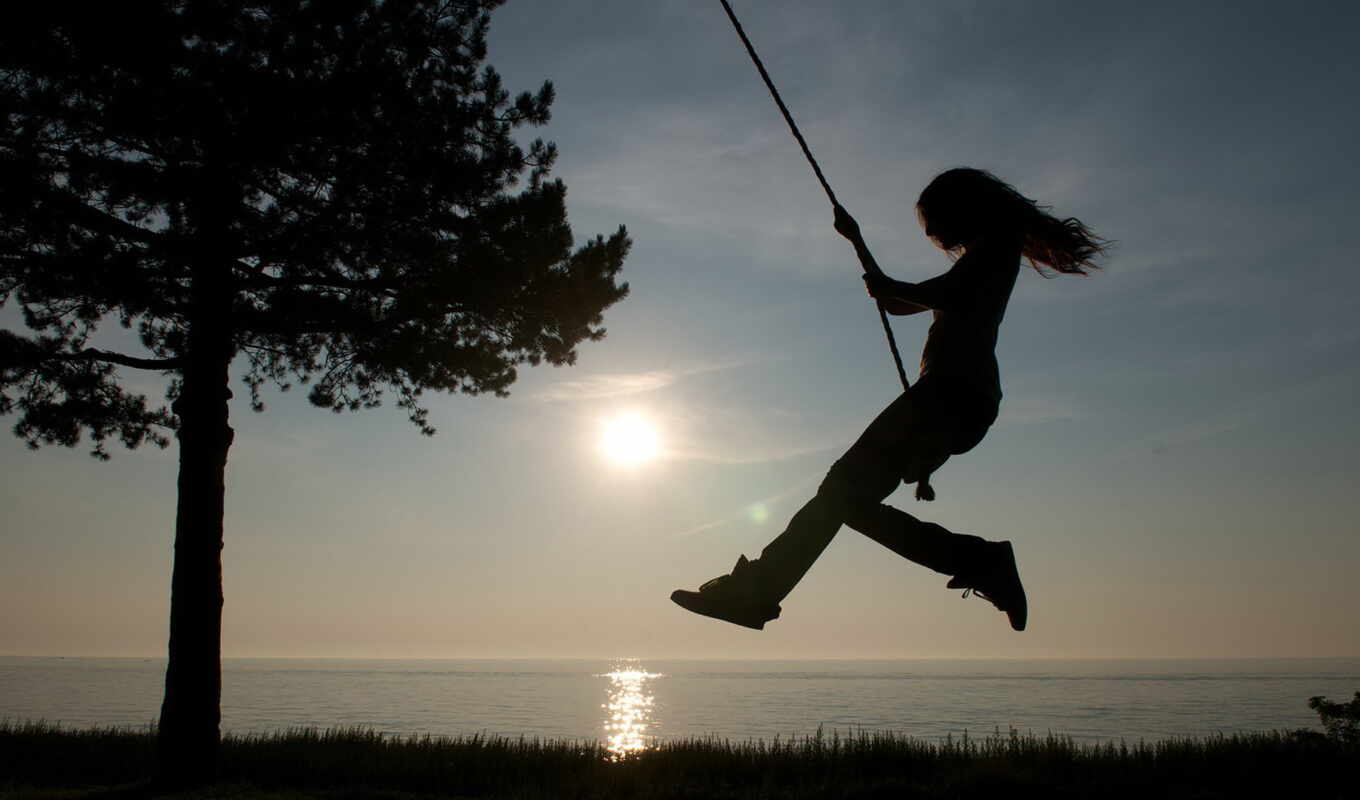 sky, girl, sun, tree, sea, victoria, a shadow, justice, goat, swing, rope