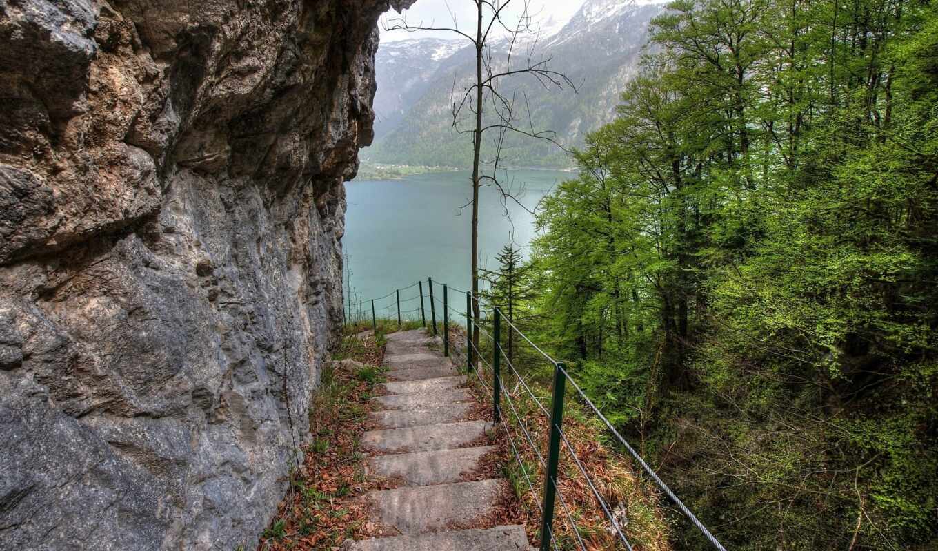 lake, nature, tree, rock, step, stairs, sunhome