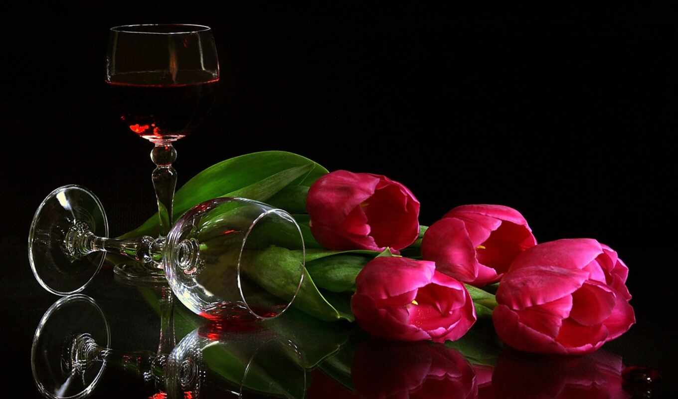 flowers, glass, wine, still, life, tulips, glasses